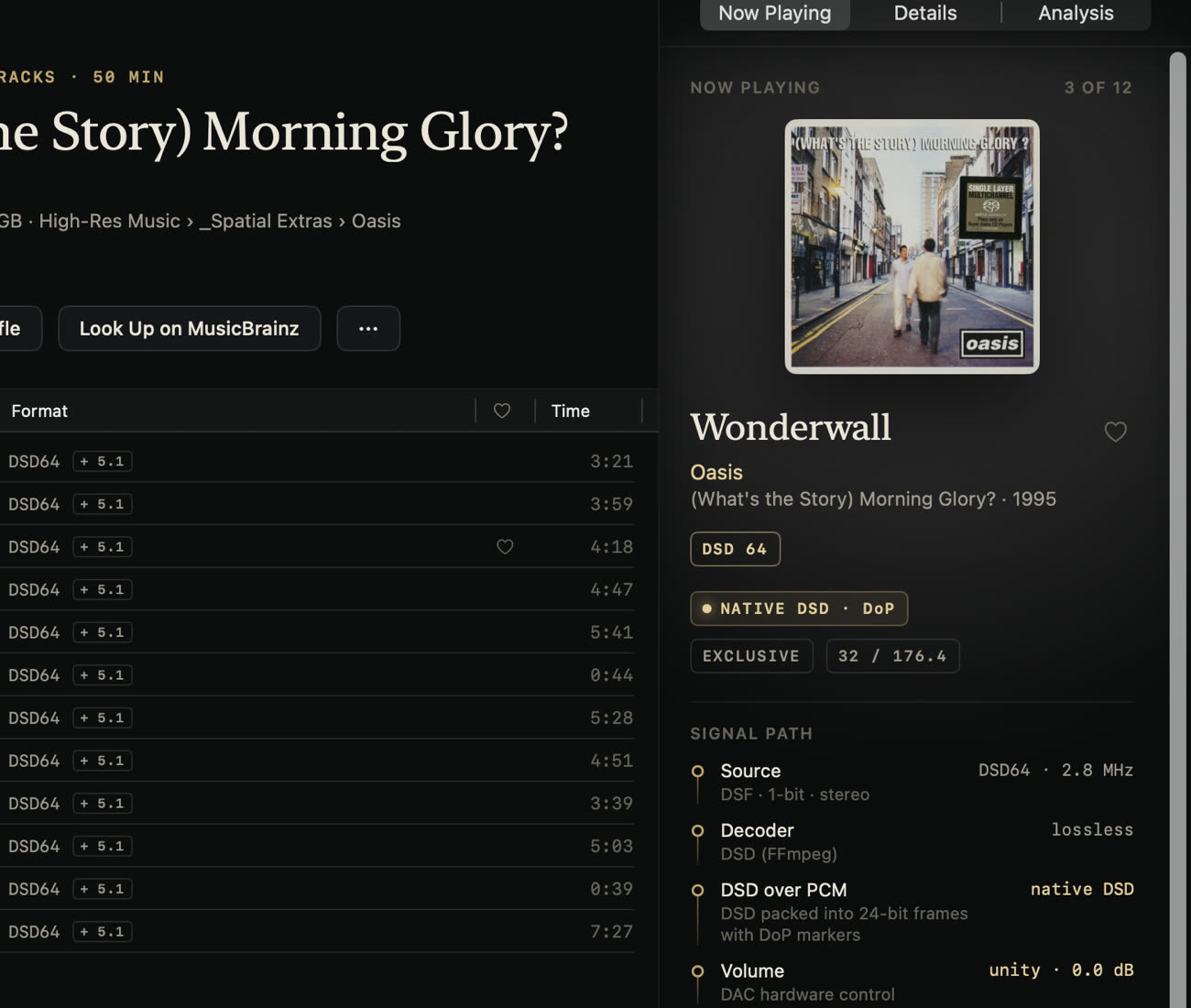 Oasis's (What's the Story) Morning Glory? from its SACD as DSD64 over DoP to a FiiO K11