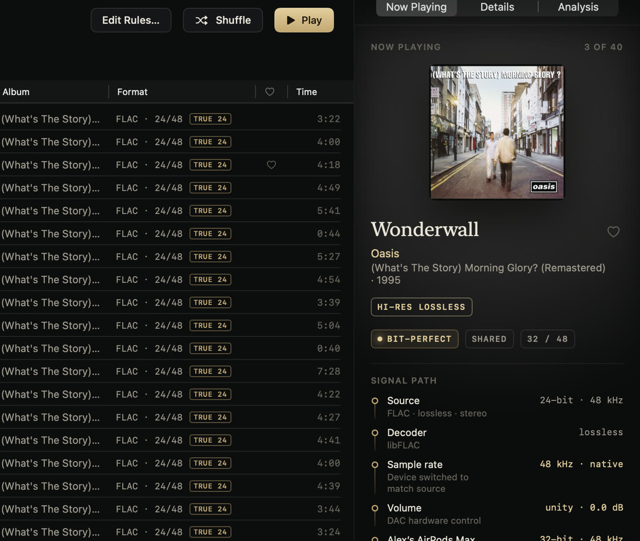 A smart playlist of 24-bit / 48 kHz tracks, narrowed to Oasis, playing bit-perfect on AirPods Max over USB-C